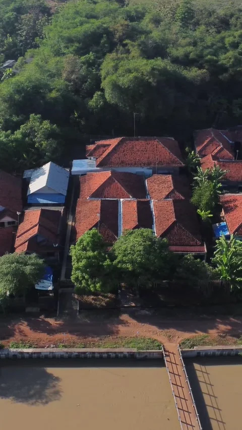 A view of a town with a river running through it. Stock Footage 319215740