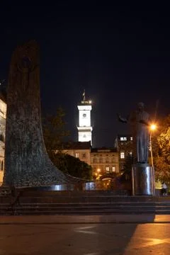 View of town square at night Stock Photos