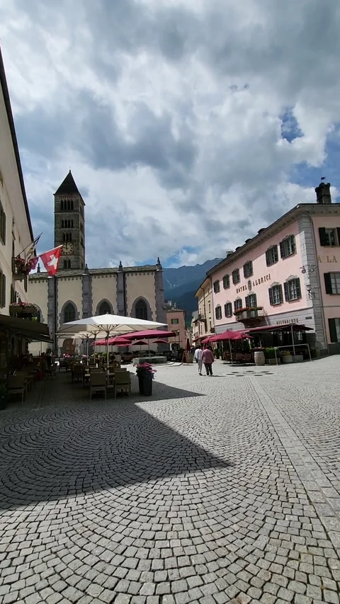 View of town square in Poschiavo. Stock Footage 199669177
