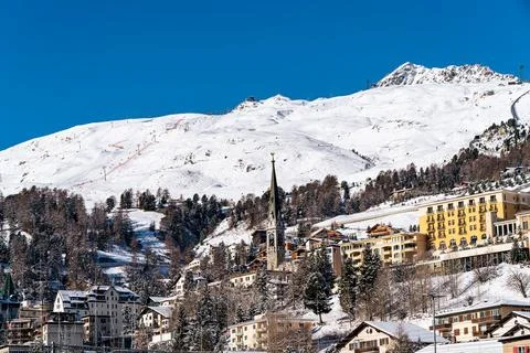View of the town of St. Moritz during winter Stock Photos