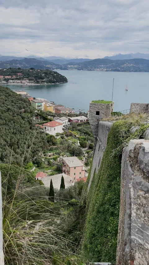 View of town from top of castle. Traditional buildings. Boats in town of Porto Stock Footage 309638460