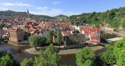 View of township of Cesky Krumlov and Krumlov Castle, Czech Republic,07-05-2023 Stock Footage 336486398