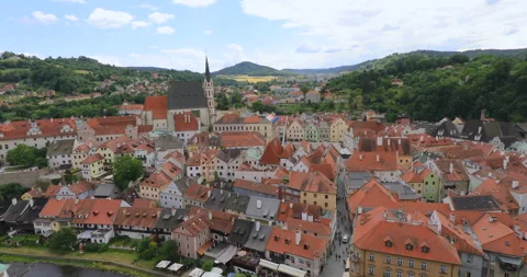 View of township of Cesky Krumlov and Krumlov Castle, Czech Republic,07-05-2023 Stock Footage 336487972