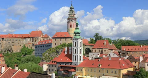 View of township of Cesky Krumlov and Krumlov Castle, Czech Republic,07-05-2023 Stock Footage 336487994