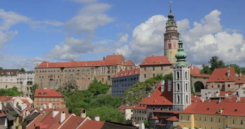 View of township of Cesky Krumlov and Krumlov Castle, Czech Republic,07-05-2023 Stock Footage 336488015