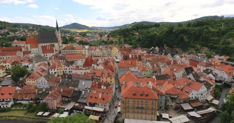View of township of Cesky Krumlov and Krumlov Castle, Czech Republic,07-05-2023 Stock Footage 336488176