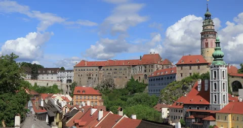 View of township of Cesky Krumlov and Krumlov Castle, Czech Republic,07-05-2023 Stock Footage 336488648