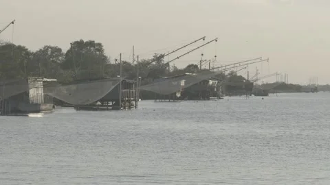 View of the Trabucco at sunset, Comacchio, Po delta, Italy Stock Footage 155862043