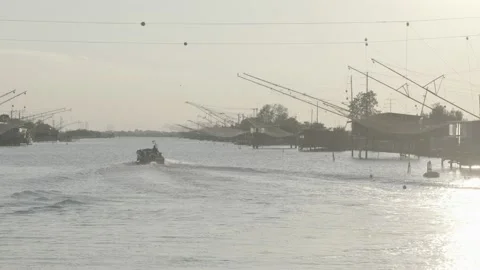 View of the Trabucco at sunset, Comacchio, Po delta, Italy Stock Footage 155862128