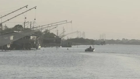 View of the Trabucco at sunset, Comacchio, Po delta, Italy Stock Footage 155862278