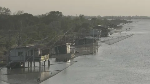 View of the Trabucco at sunset, Comacchio, Po delta, Italy Stock Footage 155862280