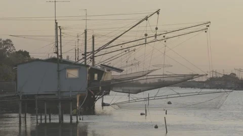 View of the Trabucco at sunset, Comacchio, Po delta, Italy Stock Footage 155862382