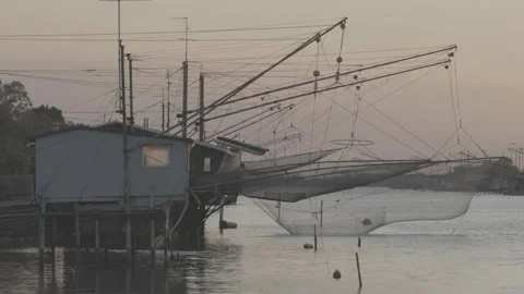 View of the Trabucco at sunset, Comacchio, Po delta, Italy Stock Footage 155862452