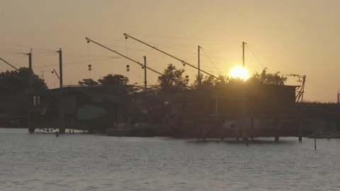 View of the Trabucco at sunset, Comacchio, Po delta, Italy Stock Footage 155862470