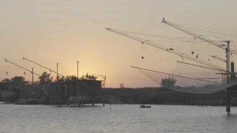 View of the Trabucco at sunset, Comacchio, Po delta, Italy Stock Footage 155862838