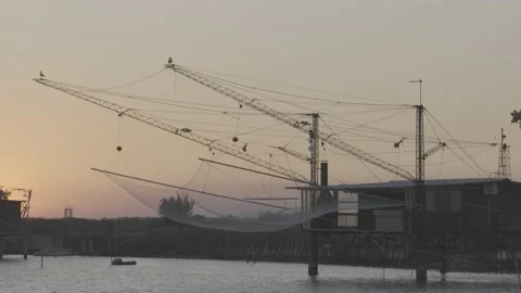 View of the Trabucco at sunset, Comacchio, Po delta, Italy Stock-Footage 155862970
