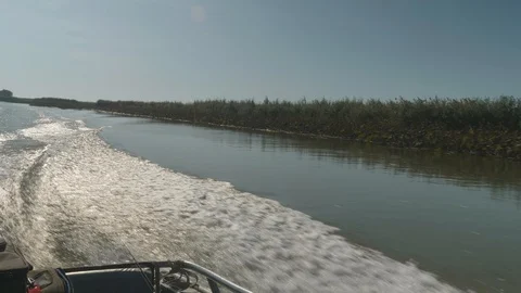 View of trace on river water left by motor boat while sailing. soft evening Stock Footage 124308651