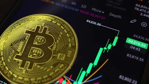 View of trading screen record highest BTC price in 2024. Stock Footage 291706457