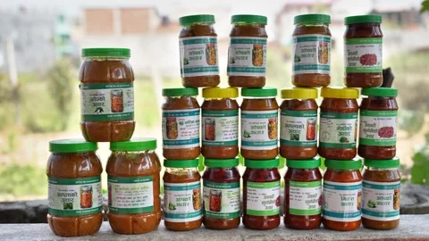 View of traditional Nepali pickle jars on a wall, Nepal. Video stock 335472502