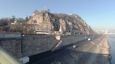 View of traffic and the Danube River from Liberty Bridge in Budapest, Hungary Stock Footage 127210308
