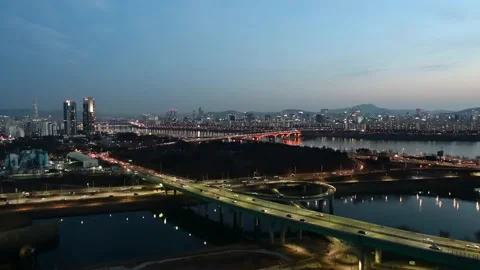 View of traffic on  bridge crossing river han Stock Footage 147162964