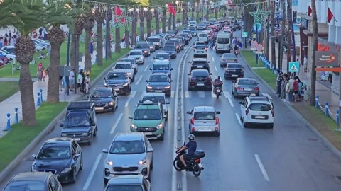 View of Traffic jam during summer in M'Diq,  a Mediterranean town in morocco Stock Footage 285638848