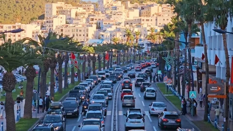 View of Traffic jam during summer in M'Diq,  a Mediterranean town in morocco Stock Footage 285638863