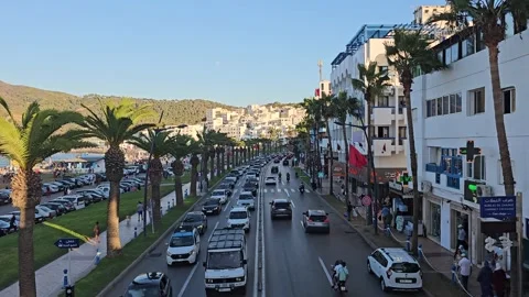 View of Traffic jam during summer in M'Diq,  a Mediterranean town in morocco Stock Footage 285639046
