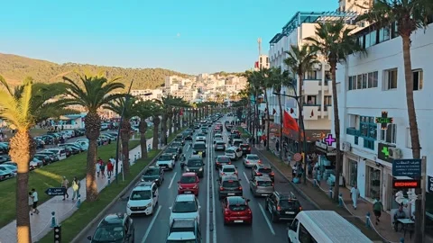 View of Traffic jam during summer in M'Diq,  a Mediterranean town in morocco Stock Footage 285639079