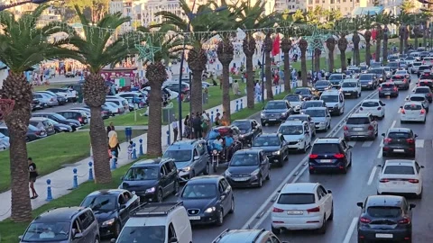 View of Traffic jam during summer in M'Diq,  a Mediterranean town in morocco Stock Footage 285639175