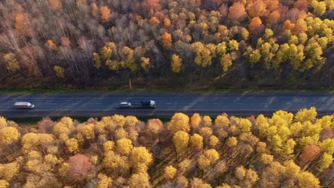 View of the traffic-loaded highway during the day. Several semi-trucks with Stock Footage 163365140