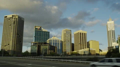 View of traffic at Mitchell freeway with CBD buildings in background Stock Footage 61414587