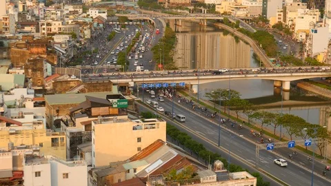 View on traffic passing by in the centre of Saigon Stock Footage 89204245