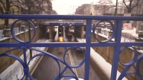 View of traffic as seen through historic decorated city balustrade. Stock Footage 149996029