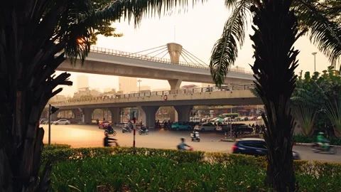 View of traffic under an elevated highway in Hanoi, Vietnam. Video stock 343878962