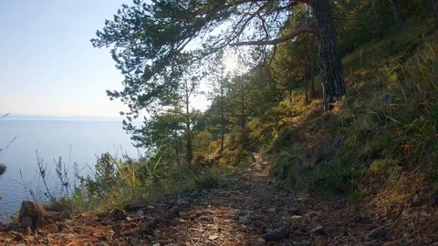 View of the trail along the high steep shore of lake Baikal Stock Footage 125538769