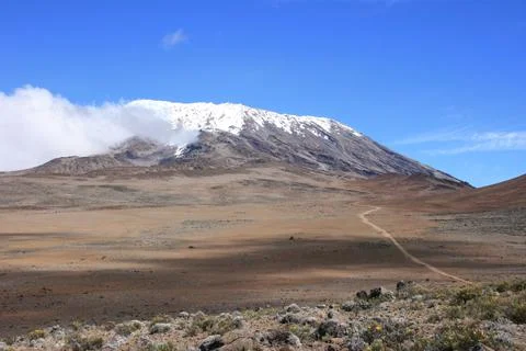 View of trail hiking up to summit of Mount Kilimanjaro, Tanzania Stock Photos