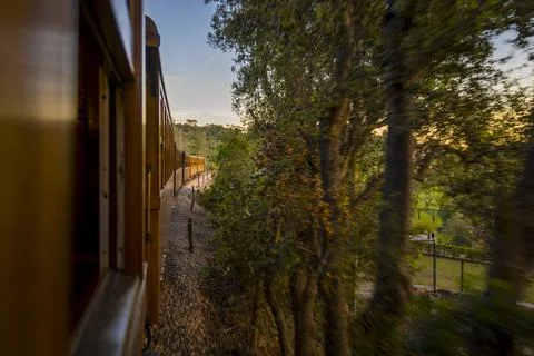 View on train carriages of historical train Ferrocarril de Soller, train ri.. 스톡 사진