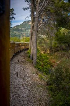 View on train carriages of historical train Ferrocarril de Soller, train ri.. 스톡 사진