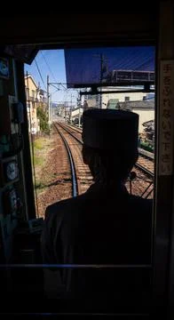 View of train engine driver inside the Japanese Kyoto local train cabin. Japa Stock Photos