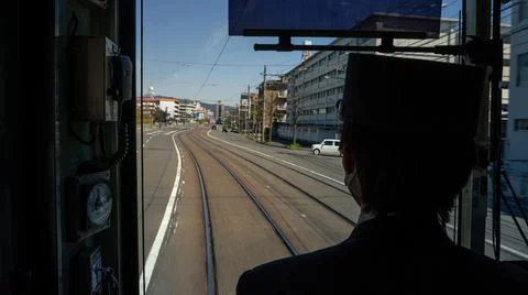 View of train engine driver inside the Japanese Kyoto local train cabin. Japa Stock Photos