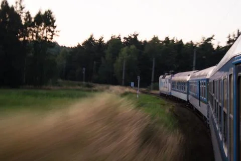 View to train in high speed as passanger from windowscarriage Stockfoto's