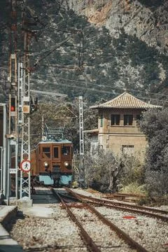 View on train historical train Ferrocarril de Soller entering the train sta.. Stock Photos