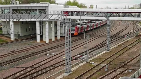 View of train moving on railway road under the bridge. Moscow transportation Stock Footage 154370559