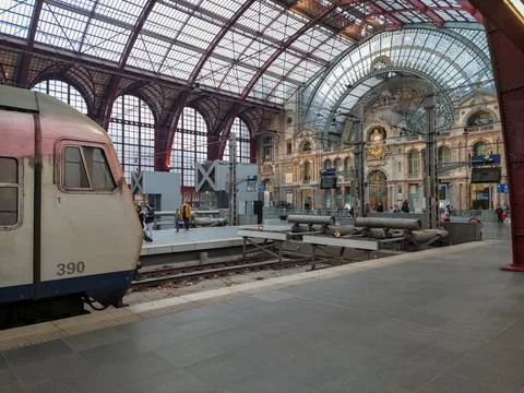 View on the train platform arrival hall of Antwerp railway station in Belgium Stock Photos