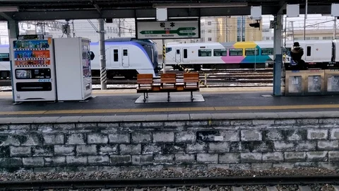 A view of a train platform in Matsumoto station. Stock Footage 102154440