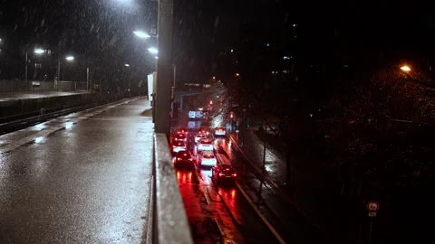 View from train station in snowy night in Berlin Stock Footage 236919409