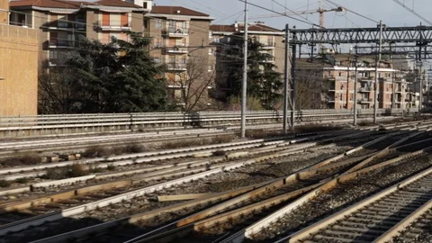 View from the train on the tracks of the Milan Lambrate station Stock Footage 105833127