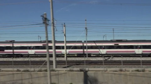 View of train transit Madrid suburb residential district POV Point of view town Stock Footage 81978027