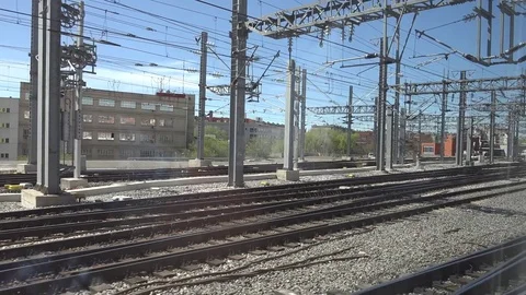 View of train transit modern railways station by day POV Point of view cityscape Stock Footage 81977842